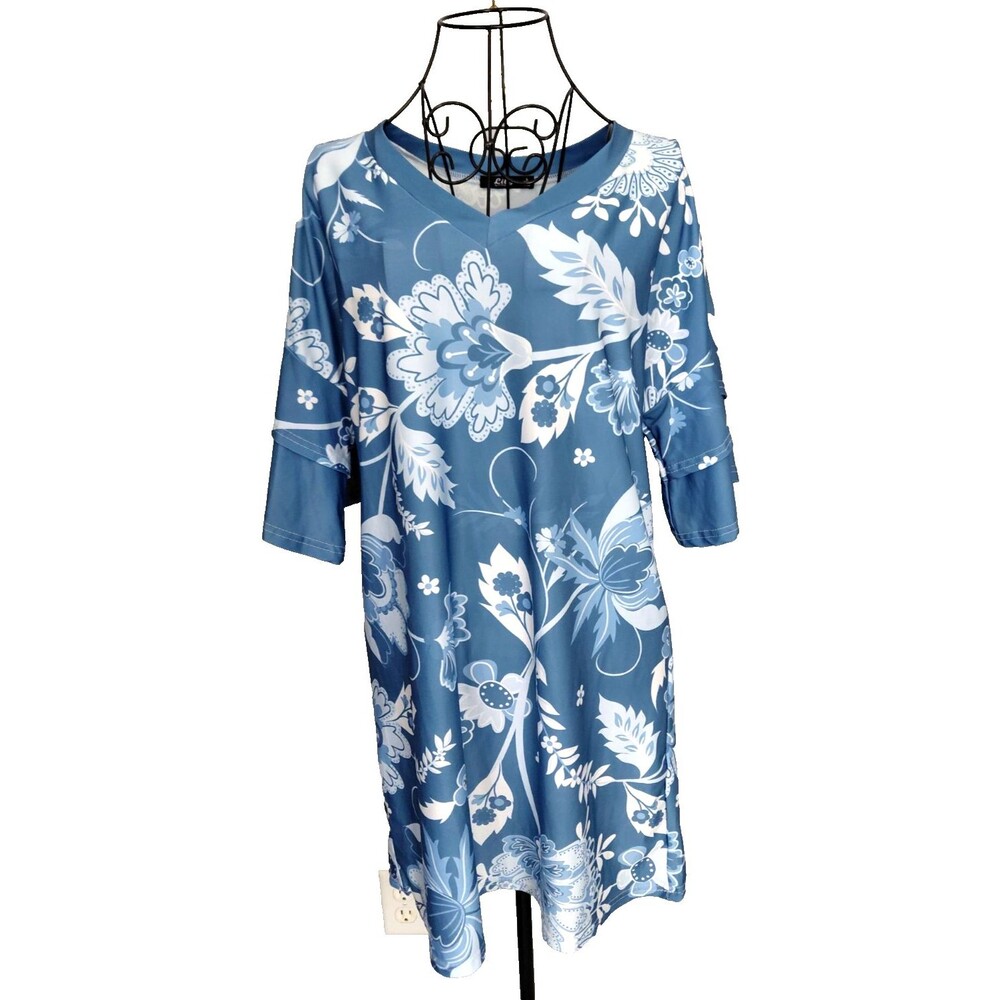 Lily by Firmiana Tunic Womens Sz S Blue Floral Double Sleeve